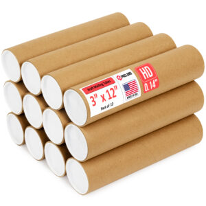 3" x 12" Made in USA Heavy Duty Reinforced Kraft Paper Mailing Tubes, Pack of 12 - For Shipping and Storing Posters