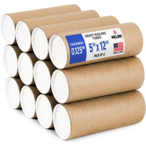 5" x 12" Reinforced Kraft Paper Mailing Tube, Pack of 12 Tube with 24 Caps (MT-512-12, B0GWTNPCG6)