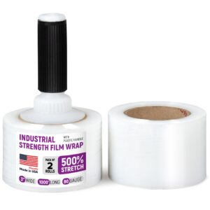 Paclord 3" x 1000' Industrial Strength Stretch Wrap, Pack of 2 Mini Rolls with Built-in Handle, Clear Plastic Film, 80 Gauge