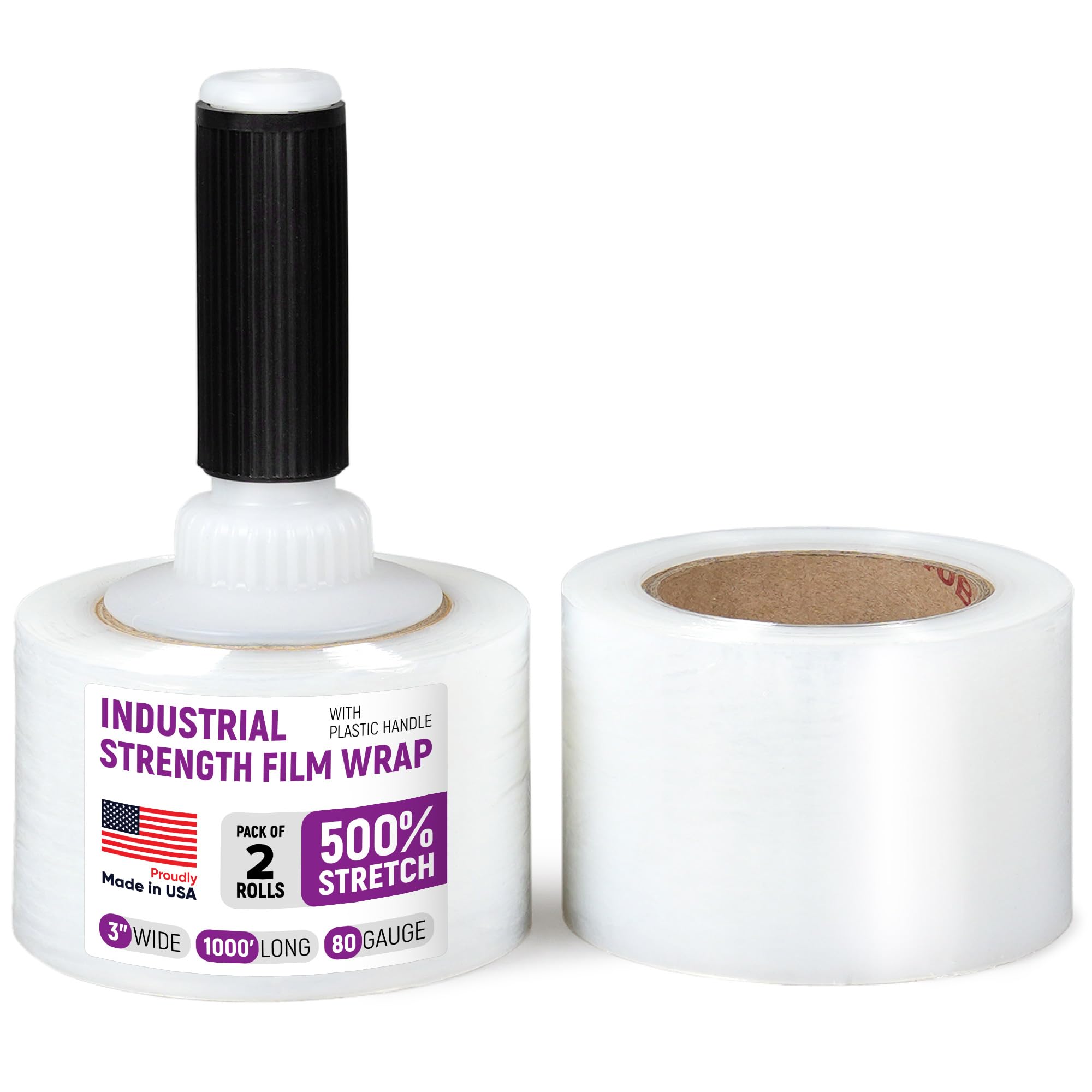 61Bb7ZuWCL.jpg Paclord 3" x 1000' Industrial Strength Stretch Wrap, Pack of 2 Mini Rolls with Built-in Handle, Clear Plastic Film, 80 Gauge