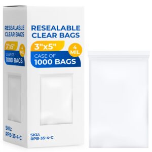 3" x 5" Reclosable Zip Plastic Bags, Case of 50 Packs, 4 Mil (RPB-35-4-C, B0CP3PHYGW)