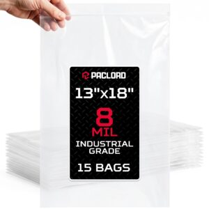 Paclord Extra Large 13" x 18" Reclosable Poly Zip Seal Lock Bags, 8 Mil Thickness, Pack of 15 (RPB-1318-8-15, B0FLN8GZ48)