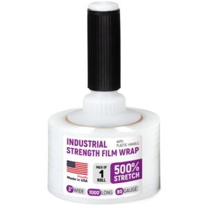 Paclord 3" x 1000' Industrial Strength Stretch Wrap, Pack of 1 Mini Roll with Built-in Handle, Clear Plastic Film, 80 Gauge