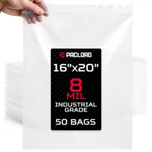 Paclord Extra Large 16" x 20" Reclosable Poly Zip Seal Lock Bags, 8 Mil Thickness, Pack of 50 (RPB-1620-8-50, B0FX724LRB)