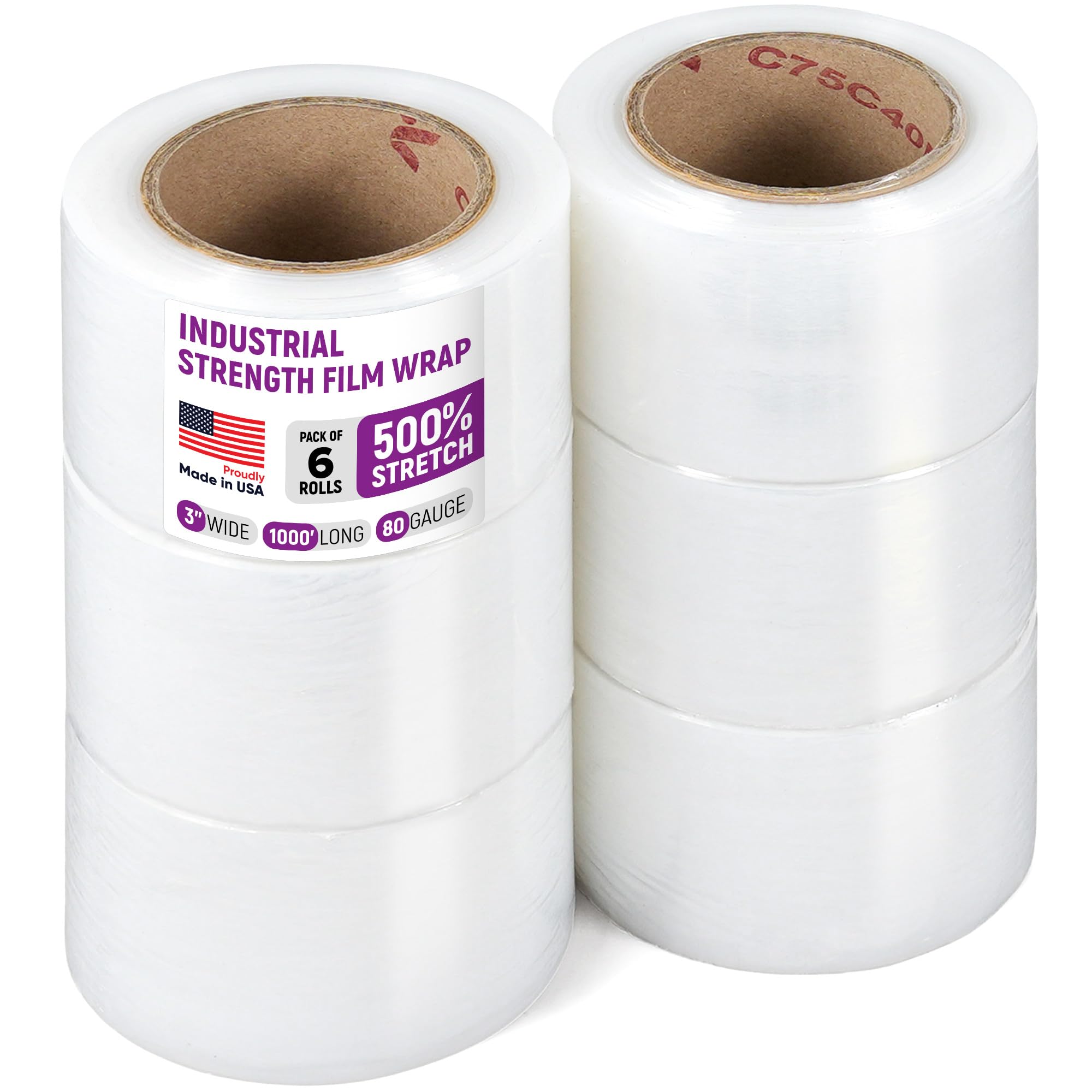 7107Lf9L9rL.jpg Paclord 3" x 1000' Industrial Strength Stretch Wrap, Pack of 6 Mini Rolls, Clear Plastic Film, 80 Gauge
