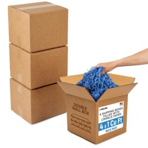 4 x 1 Cu Ft Ready to Ship Cartons with Dark Blue Crinkle Paper Filler, 12x12x12", Double Wall Boxes (CP-DB-4xCU-HD, B0GSCY3MHH)