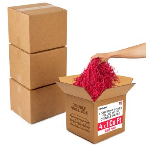 4 x 1 Cu Ft Ready to Ship Cartons with Red Crinkle Paper Filler, 12x12x12", Double Wall Boxes (CP-RE-4xCU-HD, B0GSCHSW4F)