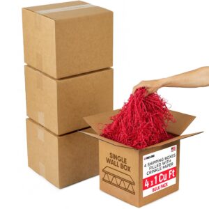 4 x 1 Cu Ft Ready to Ship Cartons with Red Crinkle Paper Filler, 12x12x12", Single Wall Boxes (CP-RE-4xCU, B0GSCKSZPC)