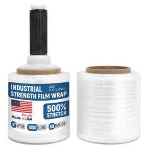 Paclord 5" x 1000' Industrial Strength Stretch Wrap, Pack of 2 Mini Rolls with Built-in Handle, Clear Plastic Film, 80 Gauge