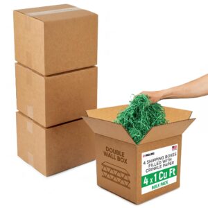 4 x 1 Cu Ft Ready to Ship Cartons with Green Crinkle Paper Filler, 12x12x12", Double Wall Boxes (CP-DG-4xCU-HD, B0GSCQYZ9M)