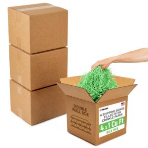 4 x 1 Cu Ft Ready to Ship Cartons with Light Green Crinkle Paper Filler, 12x12x12", Double Wall Boxes (CP-LG-4xCU-HD, B0GSCDXM3P)