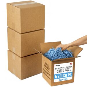 4 x 1 Cu Ft Ready to Ship Cartons with Light Blue Crinkle Paper Filler, 12x12x12", Single Wall Boxes (CP-LB-4xCU, B0GSCQZ6KH)