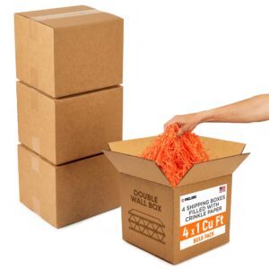 4 x 1 Cu Ft Ready to Ship Cartons with Orange Crinkle Paper Filler, 12x12x12", Double Wall Boxes (CP-OR-4xCU-HD, B0GSCGR9ZD)