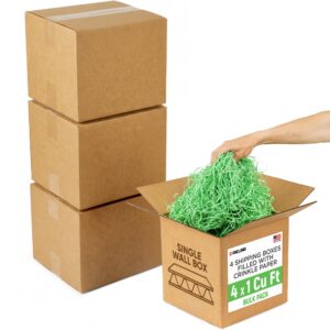 4 x 1 Cu Ft Ready to Ship Cartons with Light Green Crinkle Paper Filler, 12x12x12", Single Wall Boxes (CP-LG-4xCU, B0GSCMYS22)