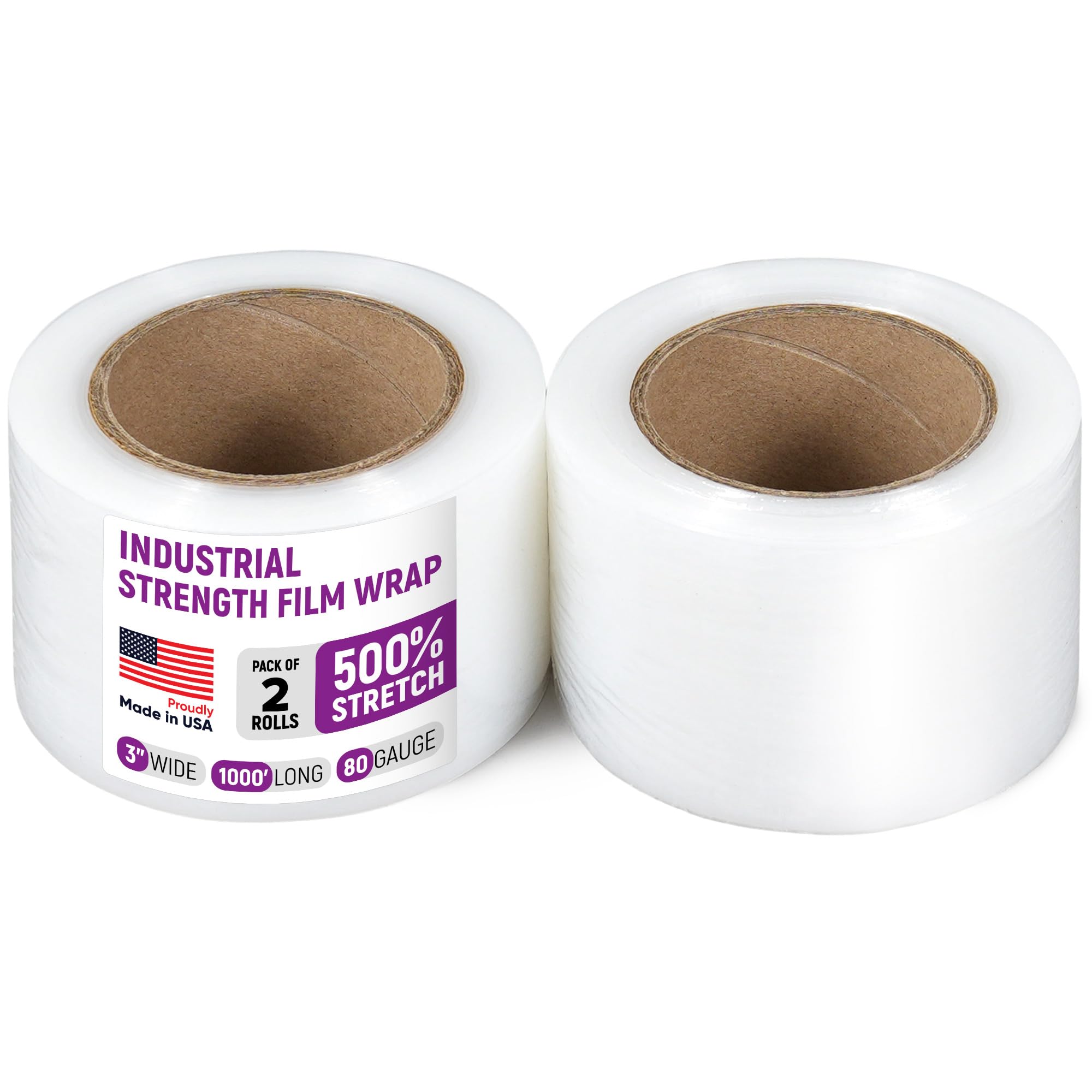 71Qs8gU7UGL.jpg Paclord 3" x 1000' Industrial Strength Stretch Wrap, Pack of 2 Mini Rolls, Clear Plastic Film, 80 Gauge