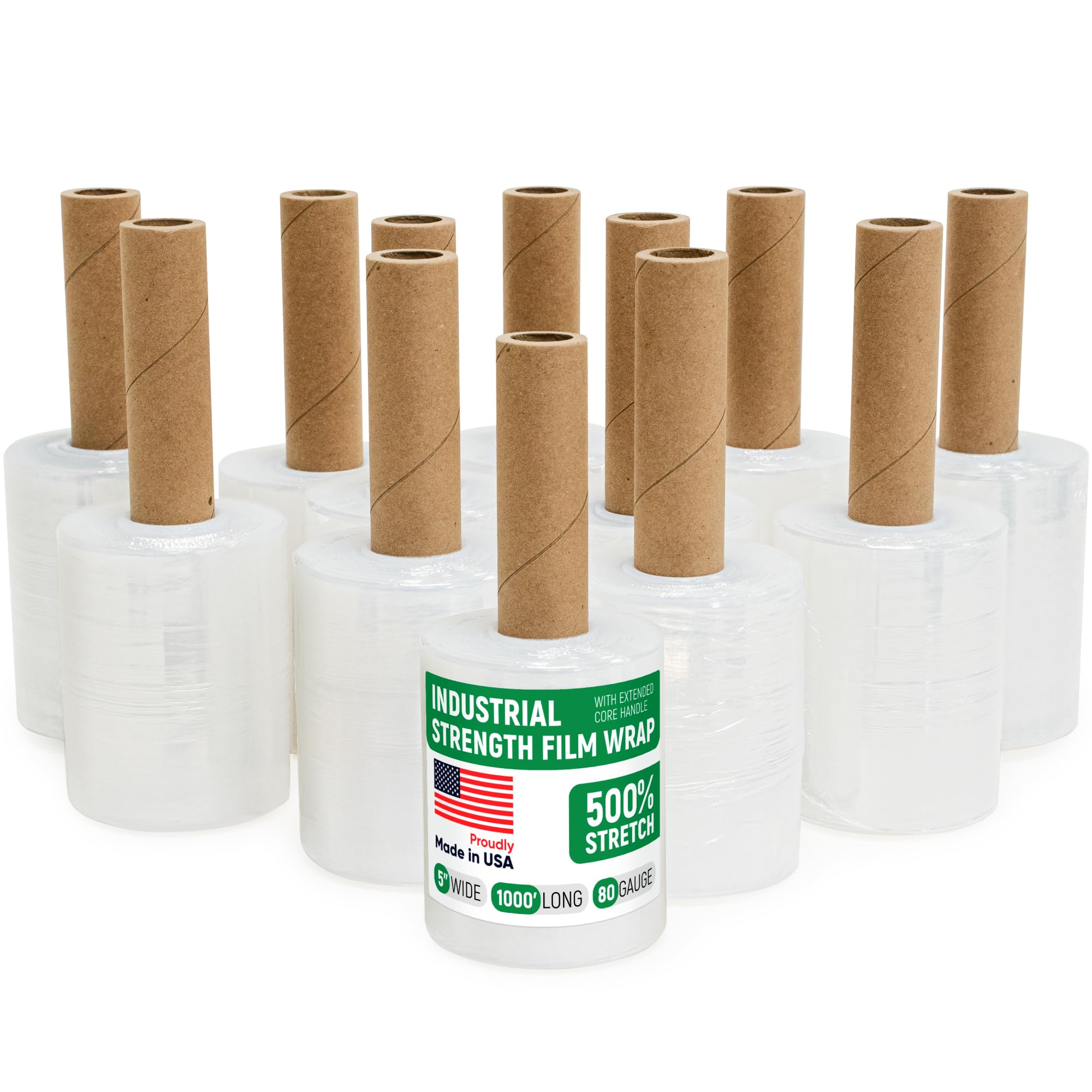 71RVkWBNqZL.jpg Paclord 5" x 1000' Industrial Strength Stretch Wrap, Pack of 1 Mini Roll with Extended Handle, Clear Plastic Film, 80 Gauge