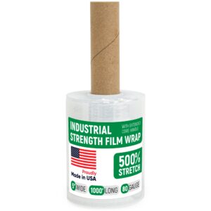 Paclord 5" x 1000' Industrial Strength Stretch Wrap, Pack of 1 Mini Roll with Extended Handle, Clear Plastic Film, 80 Gauge