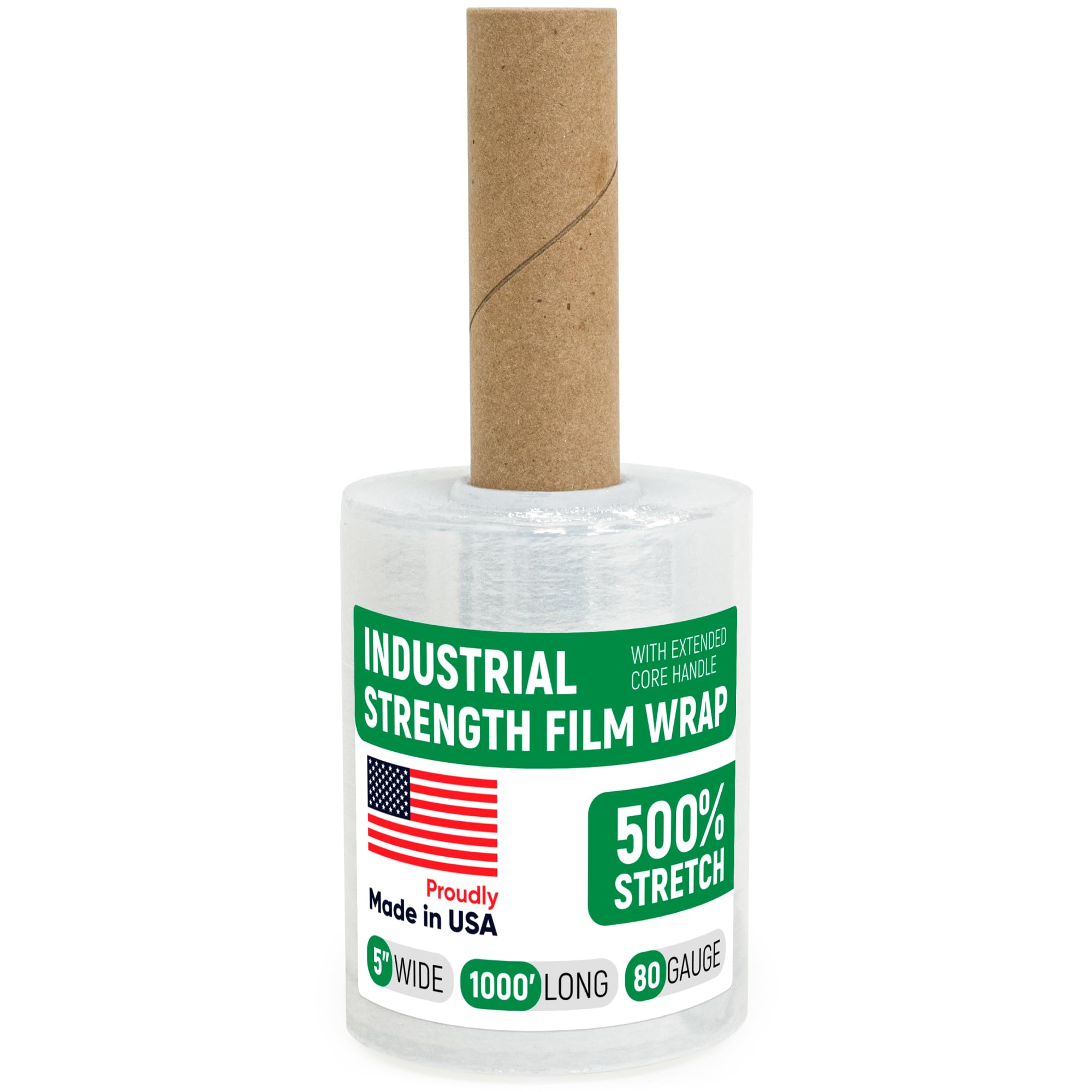 71ZQi42SvTL.jpg Paclord 5" x 1000' Industrial Strength Stretch Wrap, Pack of 1 Mini Roll with Extended Handle, Clear Plastic Film, 80 Gauge