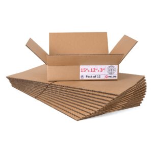 Flat Cardboard Boxes 15"L x 12"W x 3"H (Pack of 12) (CB-15123-12, B0F2VG36L8)
