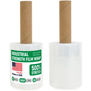 Paclord 5" x 1000' Industrial Strength Stretch Wrap, Pack of 2 Mini Rolls with Extended Handle, Clear Plastic Film, 80 Gauge