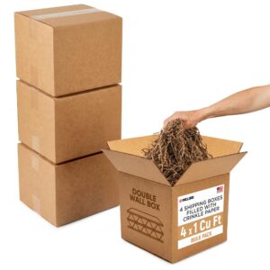 4 x 1 Cu Ft Ready to Ship Cartons with Brown Crinkle Paper Filler, 12x12x12", Double Wall Boxes (CP-NK-4xCU-HD, B0GSCR16G1)