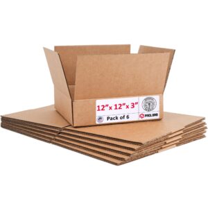 Flat Cardboard Boxes 12"L x 12"W x 3"H (Pack of 6) (CB-12123-6, B0GMT28W11)