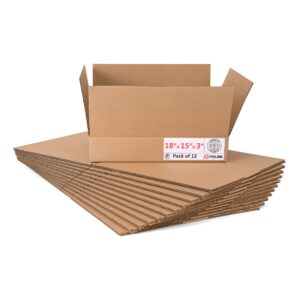 Flat Cardboard Boxes 18"L x 15"W x 3"H (Pack of 12) (CB-18153-12, B0F2VMJVFF)