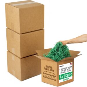 4 x 1 Cu Ft Ready to Ship Cartons with Green Crinkle Paper Filler, 12x12x12", Single Wall Boxes (CP-DG-4xCU, B0GSCGKC48)