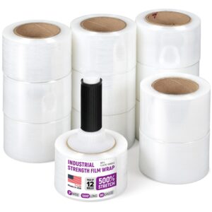 Paclord 3" x 1000' Industrial Strength Stretch Wrap, Pack of 12 Mini Rolls with Built-in Handle, Clear Plastic Film, 80 Gauge