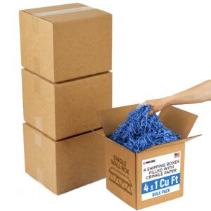 4 x 1 Cu Ft Ready to Ship Cartons with Dark Blue Crinkle Paper Filler, 12x12x12", Single Wall Boxes (CP-DB-4xCU, B0GSCV411N)