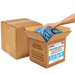 2 x 1 Cu Ft Ready to Ship Cartons with Light Blue Crinkle Paper Filler, 12x12x12", Double Wall Boxes (CP-LB-2xCU-HD, B0GSCSSR4W)