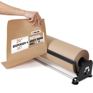 24" Paper Dispenser with Cutter + 30 lb Natural Brown Kraft Paper Roll