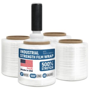 Paclord 5" x 1000' Industrial Strength Stretch Wrap, Pack of 4 Mini Rolls with Built-in Handle, Clear Plastic Film, 80 Gauge