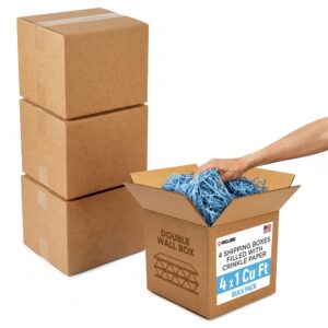 4 x 1 Cu Ft Ready to Ship Cartons with Light Blue Crinkle Paper Filler, 12x12x12", Double Wall Boxes (CP-LB-4xCU-HD, B0GSCJK8D3)