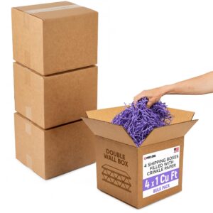 4 x 1 Cu Ft Ready to Ship Cartons with Lilac Crinkle Paper Filler, 12x12x12", Double Wall Boxes (CP-LI-4xCU-HD, B0GSCQN99C)