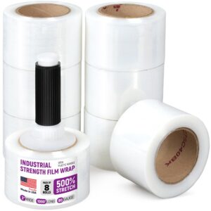 Paclord 3" x 1000' Industrial Strength Stretch Wrap, Pack of 8 Mini Rolls with Built-in Handle, Clear Plastic Film, 80 Gauge