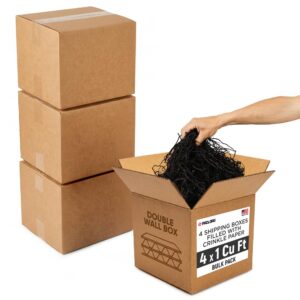4 x 1 Cu Ft Ready to Ship Cartons with Black Crinkle Paper Filler, 12x12x12", Double Wall Boxes (CP-BK-4xCU-HD, B0GSCHHRMK)