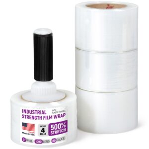 Paclord 3" x 1000' Industrial Strength Stretch Wrap, Pack of 4 Mini Rolls with Built-in Handle, Clear Plastic Film, 80 Gauge