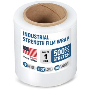 Paclord 5" x 1000' Industrial Strength Stretch Wrap, Pack of 1 Mini Roll, Clear Plastic Film, 80 Gauge