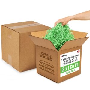 2 x 1 Cu Ft Ready to Ship Cartons with Light Green Crinkle Paper Filler, 12x12x12", Double Wall Boxes (CP-LG-2xCU-HD, B0GSCDM5YW)