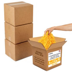 4 x 1 Cu Ft Ready to Ship Cartons with Yellow Crinkle Paper Filler, 12x12x12", Double Wall Boxes (CP-YE-4xCU-HD, B0GSCH1KQV)