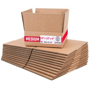 Medium Cardboard Boxes 12"L x 12"W x 4"H (Pack of 12) (CB-12124-12, B0GMTB265S)
